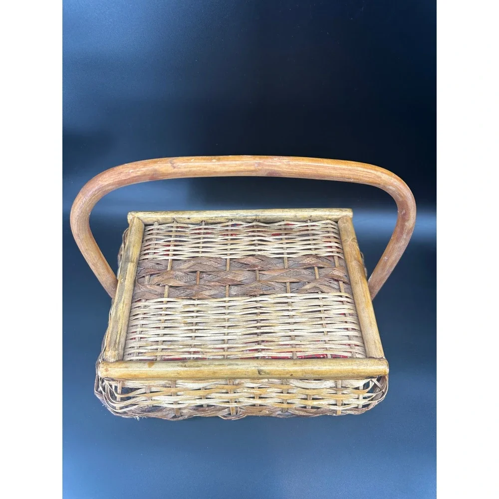 Vintage Wicker Sewing Basket Wood Handle Floral‎ Lined Storage Box Rustic Boho